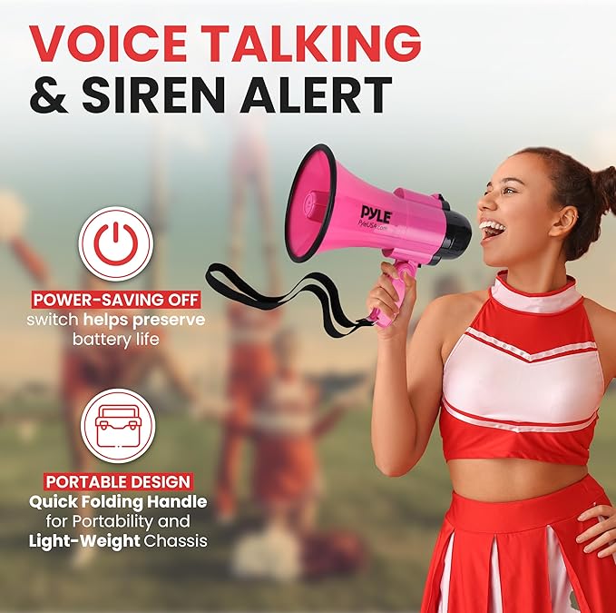 PYLE Portable Megaphone Speaker Siren Bullhorn - Compact and Battery Operated with 30 Watt Power, Microphone, 2 Modes, PA Sound and Foldable Handle for Cheerleading and Police Use PMP34PK