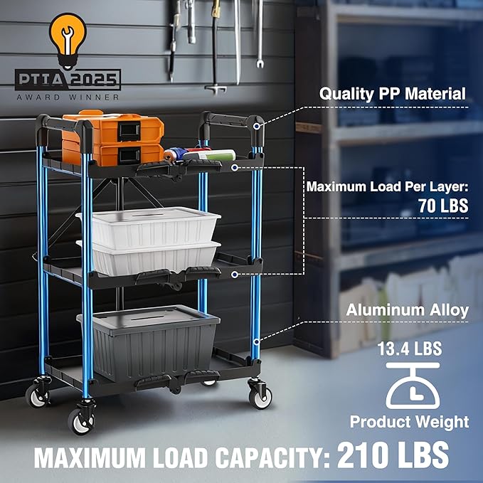 WORKPRO 3-Tier Collapsible Service Cart, 210 LBS Foldable Utility Service Cart with Wheels, Portable Tool Cart for Garage, Warehouse, Home, Restaurant, Office (No Assembly Required)