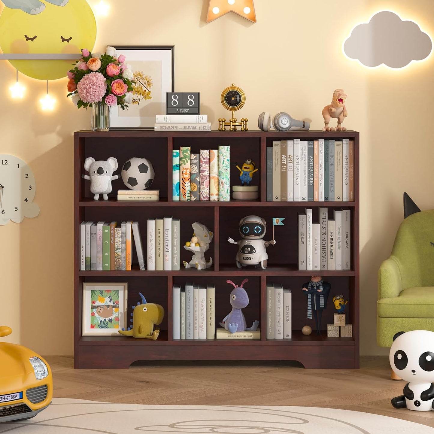 Book Shelf Set of 2, 8 Cubes Storage Organizer, 3-Tier Open Bookshelf Wooden Bookcase, Freestanding Cherry Bookshelf Cube Shelf for Living Room