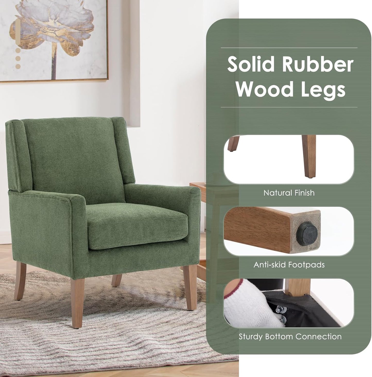 COLAMY Modern Wingback Living Room Chair, Upholstered Fabric Accent Armchair, Single Sofa Chair with Lounge Seat and Wood Legs for Bedroom/Office/Reading Spaces, Green