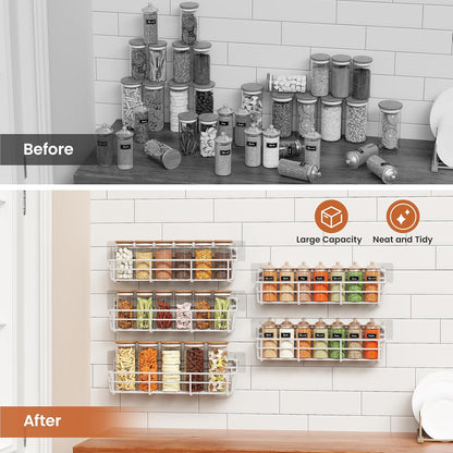 5 Pack Spice Rack Seasoning Organizer Wall Mount, Screw or Adhesive Hanging Shelf Basket Spice Organizer Shelf for Kitchen, White