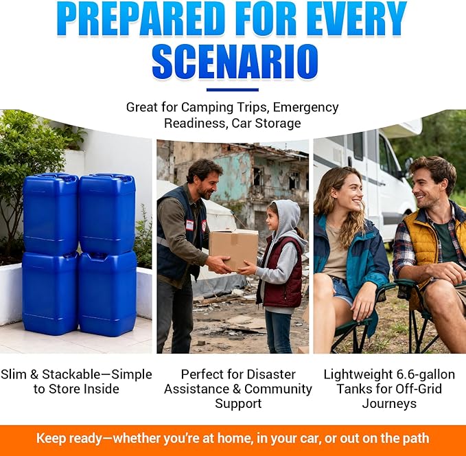 6.6 Gallon Emergency Water Storage Container with Spigot, BPA-Free Water Tank with Lid, Stackable Survival Storage for Disaster & Camping (1 Pack) (4 Pack Blue, 6.6 gal)