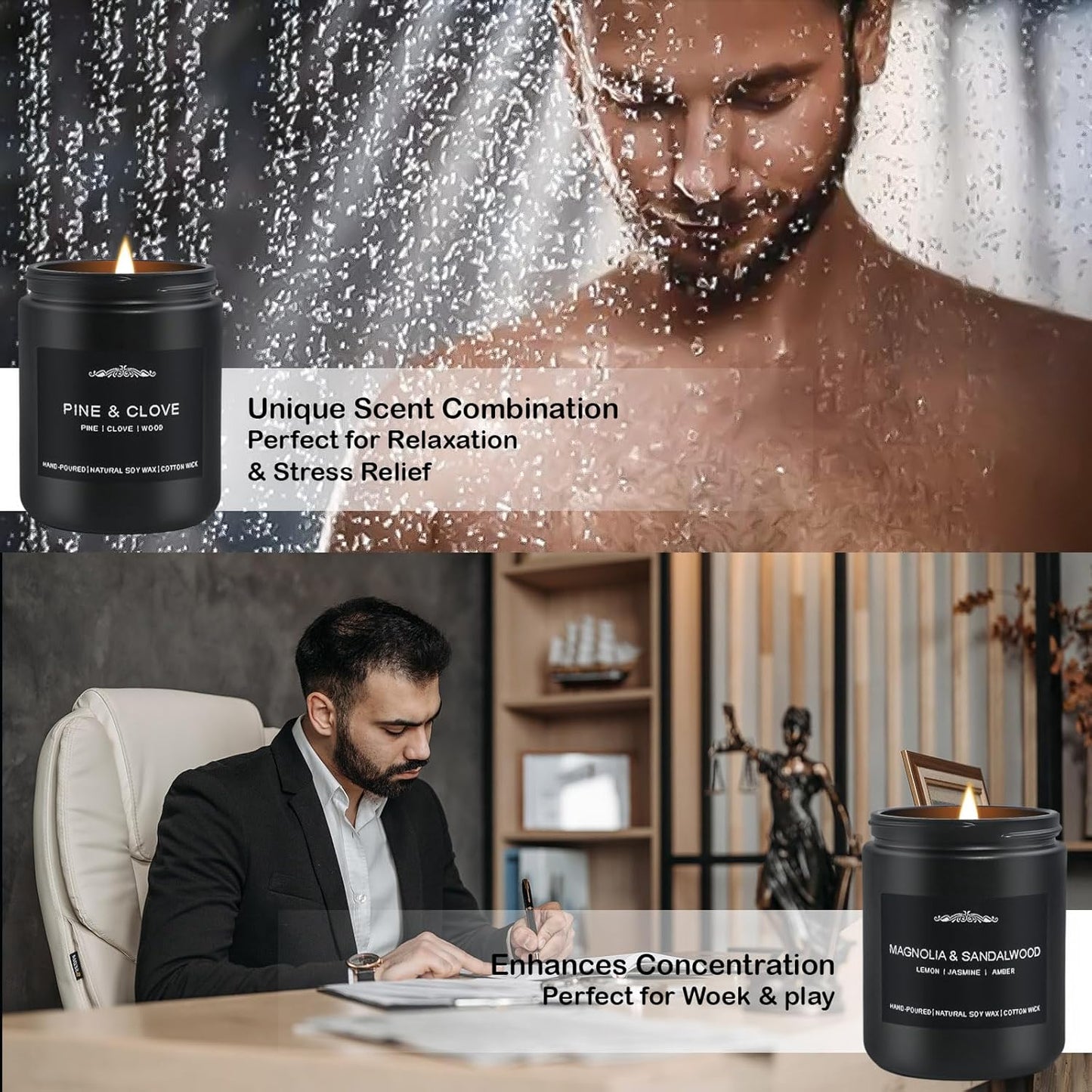 Scented Candle Set for Men, 4 Pack Black Jar Candles with Manly Scents – Amber Patchouli, Magnolia Sandalwood, Cedar Oakmoss, Pine Clove, Soy Wax Aromatherapy Gift for Him, Dad, Husband, Father's Day