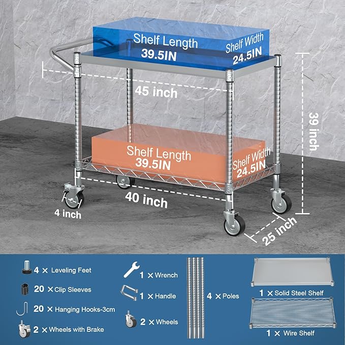 Leteuke 2 Tier Utility Tool Cart with Wheels, 900LBS Capacity Heavy Duty Rolling Utility Carts with Handle, Commercial Grade Metal Serving Storage Cart for Warehouse Garage Kitchen,Silver