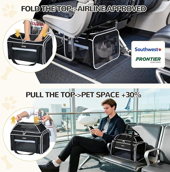 Lekereise Top-Expandable Pet Carrier 18x13x9.5 Inch Southwest Frontier Airline Approved Soft Sided Underseat to 15lbs Travel Carriers for Small Cats Dogs with Locking Safety Zippers Anti-Scratch Mesh