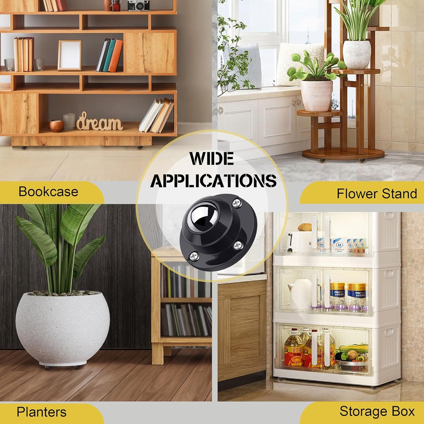 PlusRoc 4 Pack 1 Inch Self Adhesive Paste Caster Wheels for Furniture Kitchen Appliance Rollers, Load Capacity 28LBS Per Wheel, Low Profile Swivel Wheels for Bucket Storage Bins