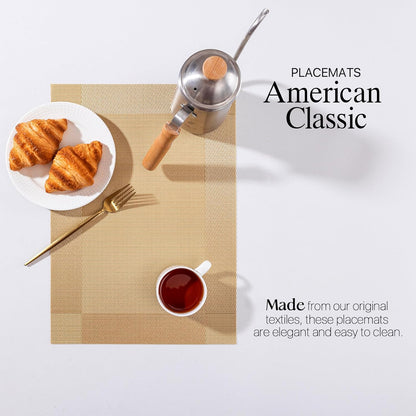 LEXMORE Placemats Set of 4 Vinyl/Plastic Woven Place Mats for Kitchen Table Indoor/Outdoor Washable Placemat Wipeable Dining Table Mats(G-Gold Cube)