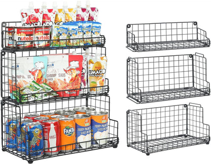 X-cosrack Stackable Wire Basket 3 Tier Countertop& Wall Mounted Metal Storage Basket for Kitchen Pantry Cabinet, Muti-functional Open Front Bin Organizer for Food Fruit Snack, Black