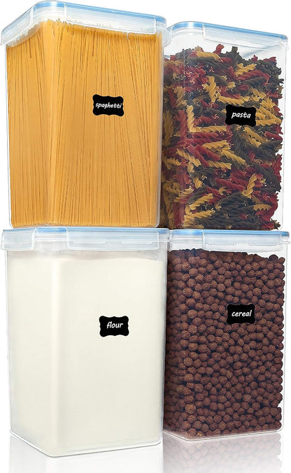 Vtopmart Extra Large Tall Airtight Food Storage Containers 4 Pieces 5.9qt / 6.5L-Plastic PBA Free Kitchen Pantry Canister for Spaghetti, Flour and Baking Supplies - Include 24 Labels, Blue