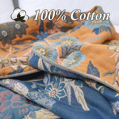 Snycler Boho Throw Blanket for Bed - 100% Cotton Ultra Soft Rustic Quilt Blanket Orange Bird Floral Printed Farmhouse Decor Bed Blankets, 60"×80" All Season Rustic Throw for Sofa Couch Chair