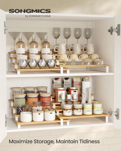 SONGMICS Display Risers, Set of 2 Engineered Wood Perfume Organizer Stand, 4-Tier Cupcake Stand Holder, Spice Rack, Shelf Risers for Figures, Dessert Shelves, Natural Beige and Cloud White UKCS216N02