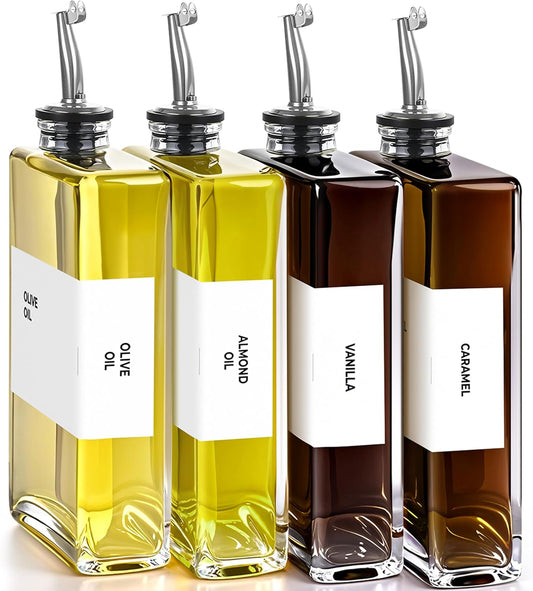 Olive Oil Dispenser Bottle - Includes 44 Kitchen Essential Labels - Cooking Oil Bottles for Kitchen, Coffee Syrup Dispenser - Pourer Spout with 11.8 fl oz Glass Container Cruet - 4pcs Silver
