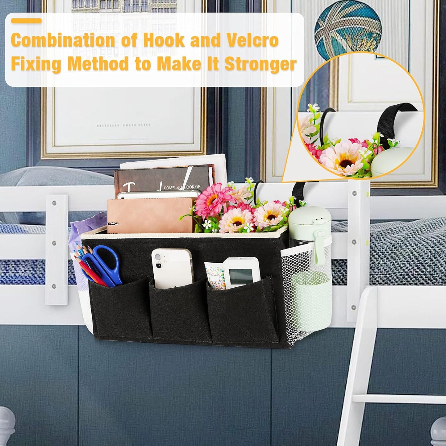 Bedside Caddy Bedside Organizer Bedside Storage Caddy with Fixed Straps and Water Bottle Holder for Home College Dorm Bunk Bed Hospital Bed Crib Bed Rails (Black)