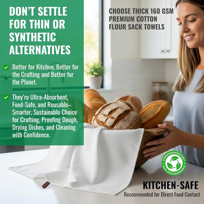 7-Pack Flat Flour Sack Towels – 100% Cotton Kitchen Dish & Tea Towels for Crafting, Embroidery, Baking & Bread Proofing – Thick, Absorbent, Quick-Drying – White (28x28)