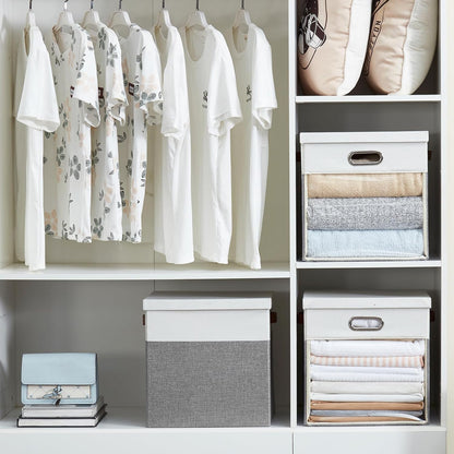 Fabric Storage Cubes with Clear Windows and Lids, 13'' Foldable Storage Bins with 3 Handles, Decorative Storage Boxes for Home, Bedroom, Closet, Office (Gray & White)