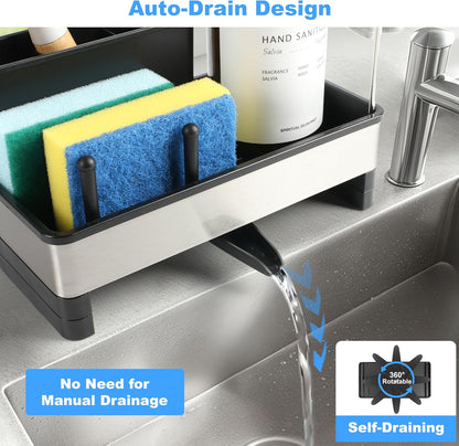 Stainless Steel Sponge Holder for Kitchen Sink Caddy Organizer Rack for Dish Brush Holder, Soap Dispenser and Wash Cloth with Rustproof Auto Drain Tray for Bathroom Countertop Storage