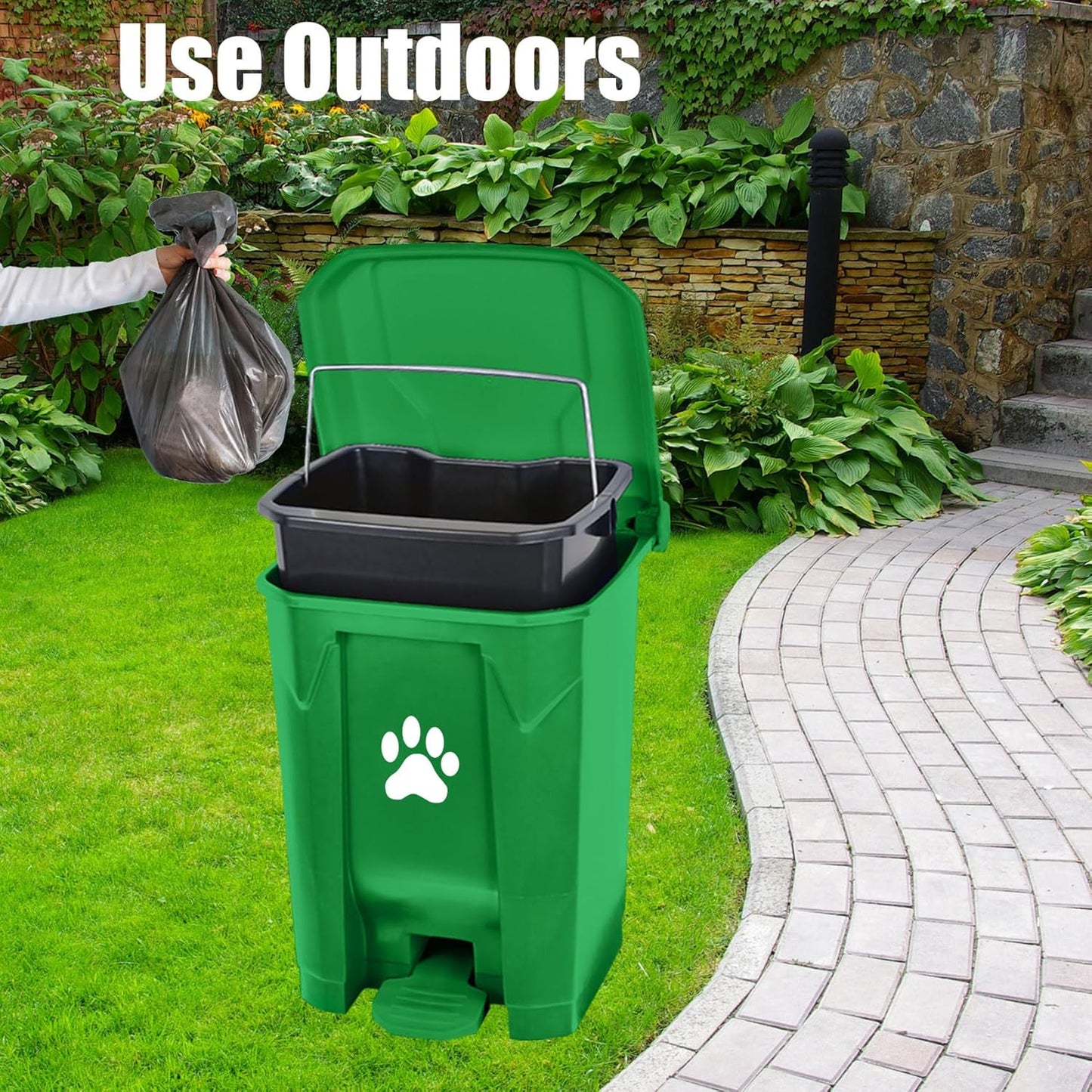 Outdoor Dog Poop Trash Can, Dog Waste Trash Can Pooper Scooper for Yard Garden Kitchen with Lid, Pedal, Removable Inner Bin, Large Waste Bag, Green (Fully Assembled)