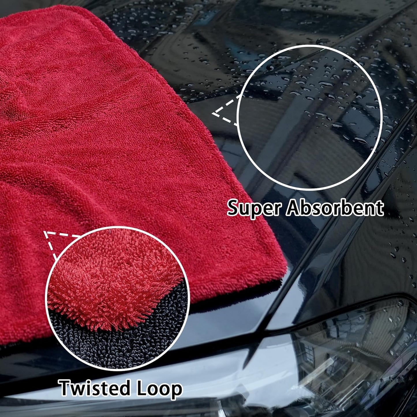 Greenfound Microfiber Towel for Cars, 1000GSM Car Drying Towel, Double Twist Pile & Edgeless Design, No Streaks, Scratches, or Water Spots, Soft and Absorbent, 18"×24", Red&Grey