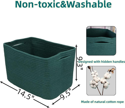 Cotton Rope storage Basket Bins14.5X9.5X9.3“ Basket for Organizing Shelves Rectangle Decorative Baskets For storage Clothes Toys Books Towels Square Wicker Nursery basket organizer 3 pack Dark green