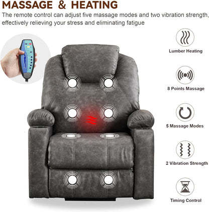 SALOHZA Power Lift Recliner Chair for Elderly with Massage and Heat for Living Room, Electric Recliner Chair for Adults with USB/Type C Port/Cup Holders, PU Faux Leather, Grey