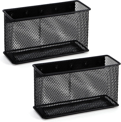 Wire Mesh Storage Baskets Organizer Set of 2 Black Magnetic Basket with 5 Strong Magnets Magnetic Organizer Holder for Refrigerator Locker Whiteboard Office, 6.29'' × 2.28'' × 3.54''