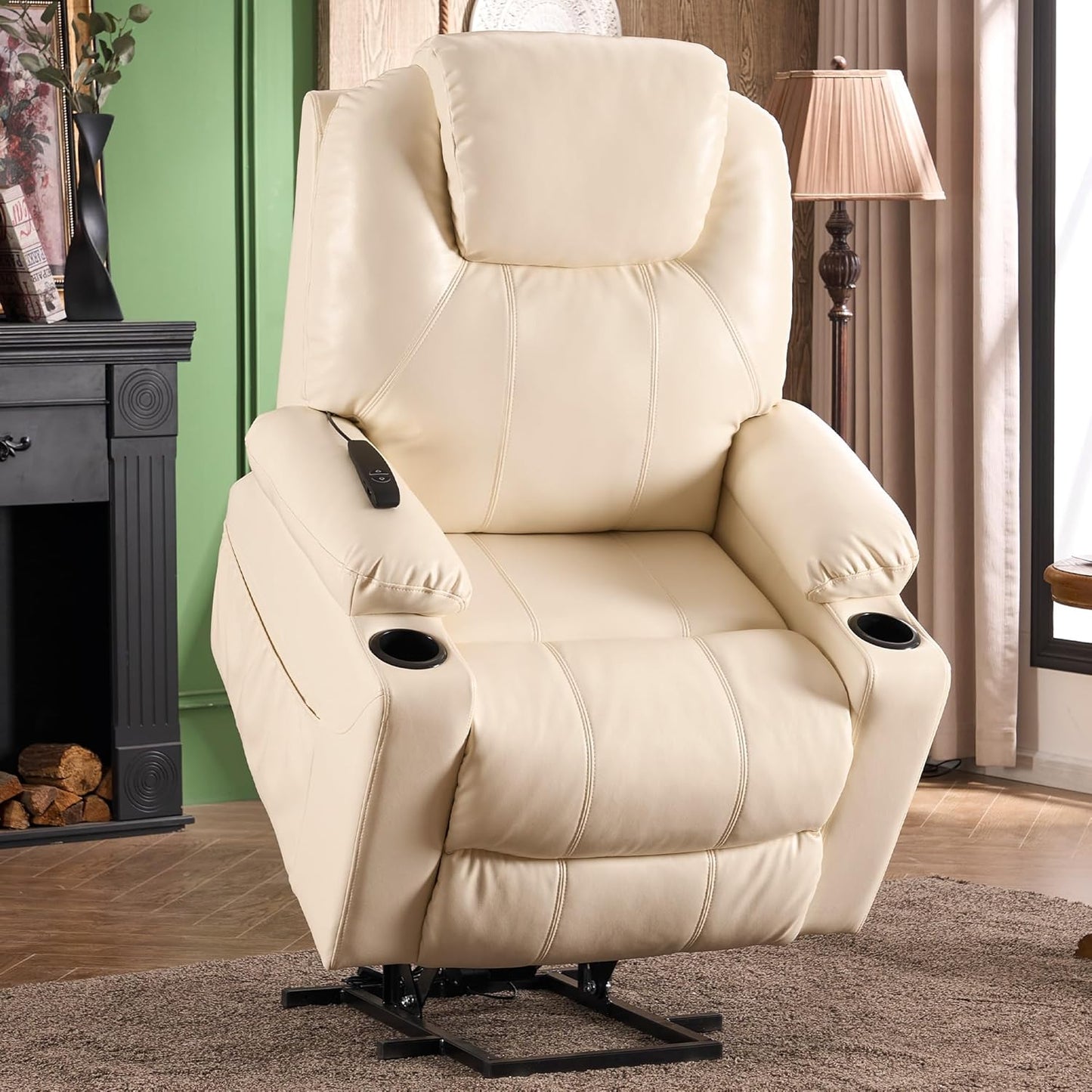 SALOHZA Power Lift Recliner Chair for Elderly with Massage and Heat for Living Room, Electric Recliner Chair for Adults with USB/Type C Port/Cup Holders, PU Faux Leather, Cream White
