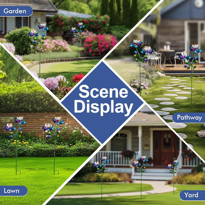 Solar Wind Spinners Blue Twin Flowers for Yard and Garden, Solar Windmill Garden Whirligig Kinetic Spinners Decor for Lawn, Patio, Yard, Metal Wind Outdoor Sculpture