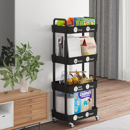 Laiensia 4-Tier Rolling Cart with Wheels,Multifunction Utility Storage carts, Kitchen Storage Organizer,Mobile Shelving Unit for Bathroom,Laundry,with Classified Stickers,Black