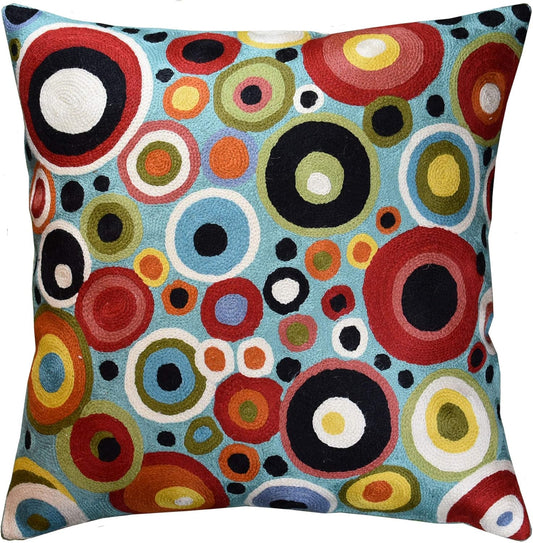 Turquoise Polka Dots Decorative Pillow Cover Contemporary Pillowcase Blue Modern Outdoor Chair Cushion Throw Sofa Couch Cushions Hand Embroidered Wool 18x18