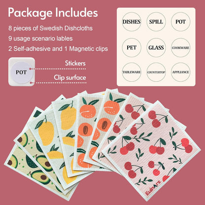 Swedish Dishcloths for Kitchen, 8 Pack Reusable Paper Towels with Clips, Non-Scratch Swedish Kitchen Towels, Super Absorbent Cellulose Sponge Cloths, Dishwasher Safe, No Odor