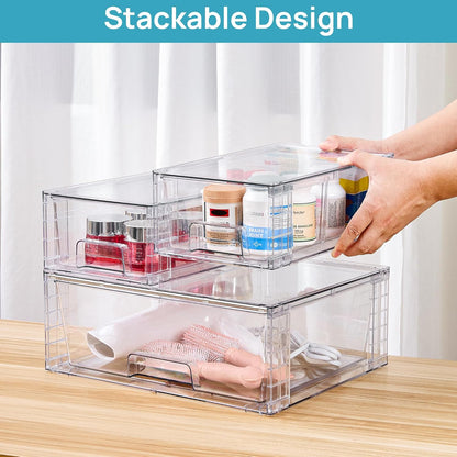 Vtopmart 3 Pack Stackable Storage Drawers, Easily Assemble Acrylic Bathroom Undersink Organizers,Clear Plastic Storage Bins for Closet,Cabinet,Pantry,Medicine Organization