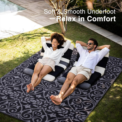 OLANLY Outdoor Rug Waterproof 9x12 ft Clearance, Reversible Outdoor Plastic Straw Rug with Floral Pattern, RV Mat for Patio, Camping, Balcony, Deck, Backyard, Black & Grey