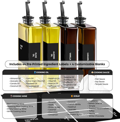 Olive Oil Dispenser Bottle - Includes 44 Kitchen Essential Labels - Cooking Oil Bottles for Kitchen, Coffee Syrup Dispenser - Pourer Spout with 11.8 fl oz Glass Container Cruet - 4pcs, Black