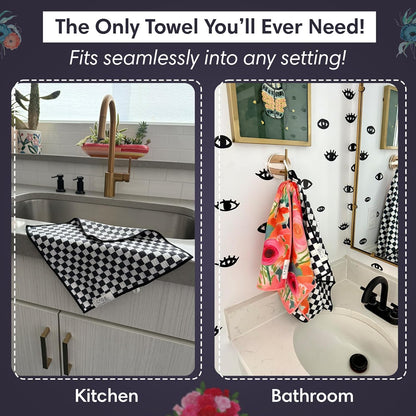 Microfiber Hand Towel & Washcloth Set of 2 - Double-Sided, Waffle Weave, Super Absorbent, Lint-Free, Fast Drying - Pia & Fonnie Pattern for Bathroom, Kitchen, Car, and Window Cleaning