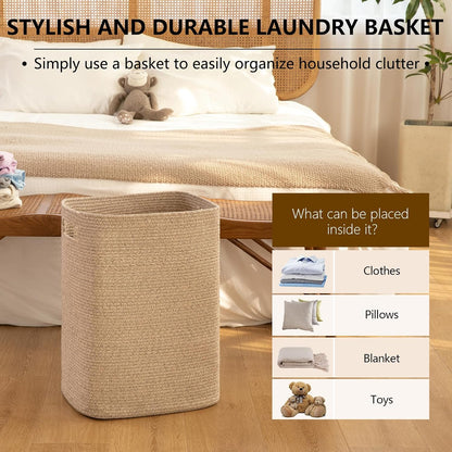 OIAHOMY Laundry Hamper, Rectangle Cotton Laundry Basket with Handles, Large Blanket Basket for Living room, Woven Decorative Storage for Toys,Clothes,Pillows-16x13x22in-Brown variegated