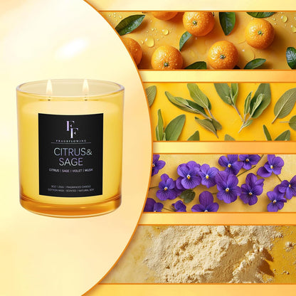 Citrus & Sage Scented Candle, 2-Wick Luxury Soy Wax Candle, 9 oz Aromatherapy Candle Home Fragrance Candles Gift