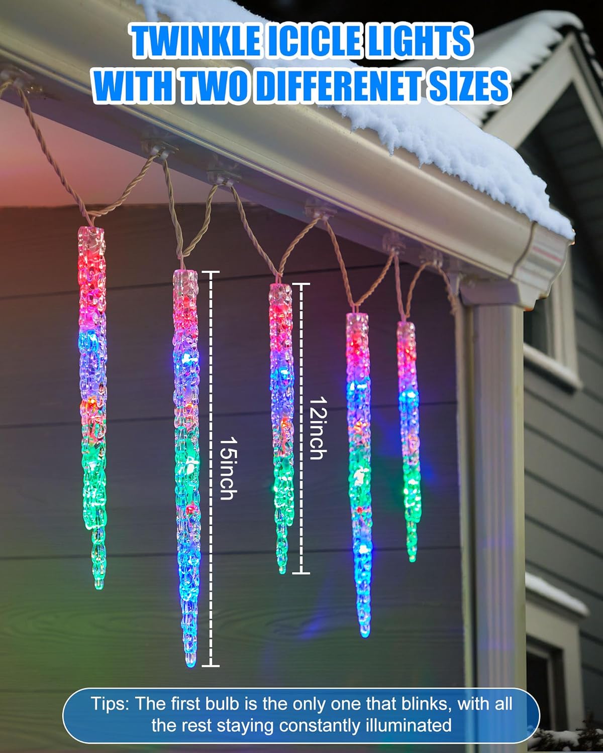 Minetom Icicle Lights Outdoor with Clips, 2 Pack Total 40ft 200 LED 40 Tubes Twinkling String Lights, Connectable Hanging Ice Shape Christmas Lights Plug in for Eave Holiday Outdoor, Multicolor
