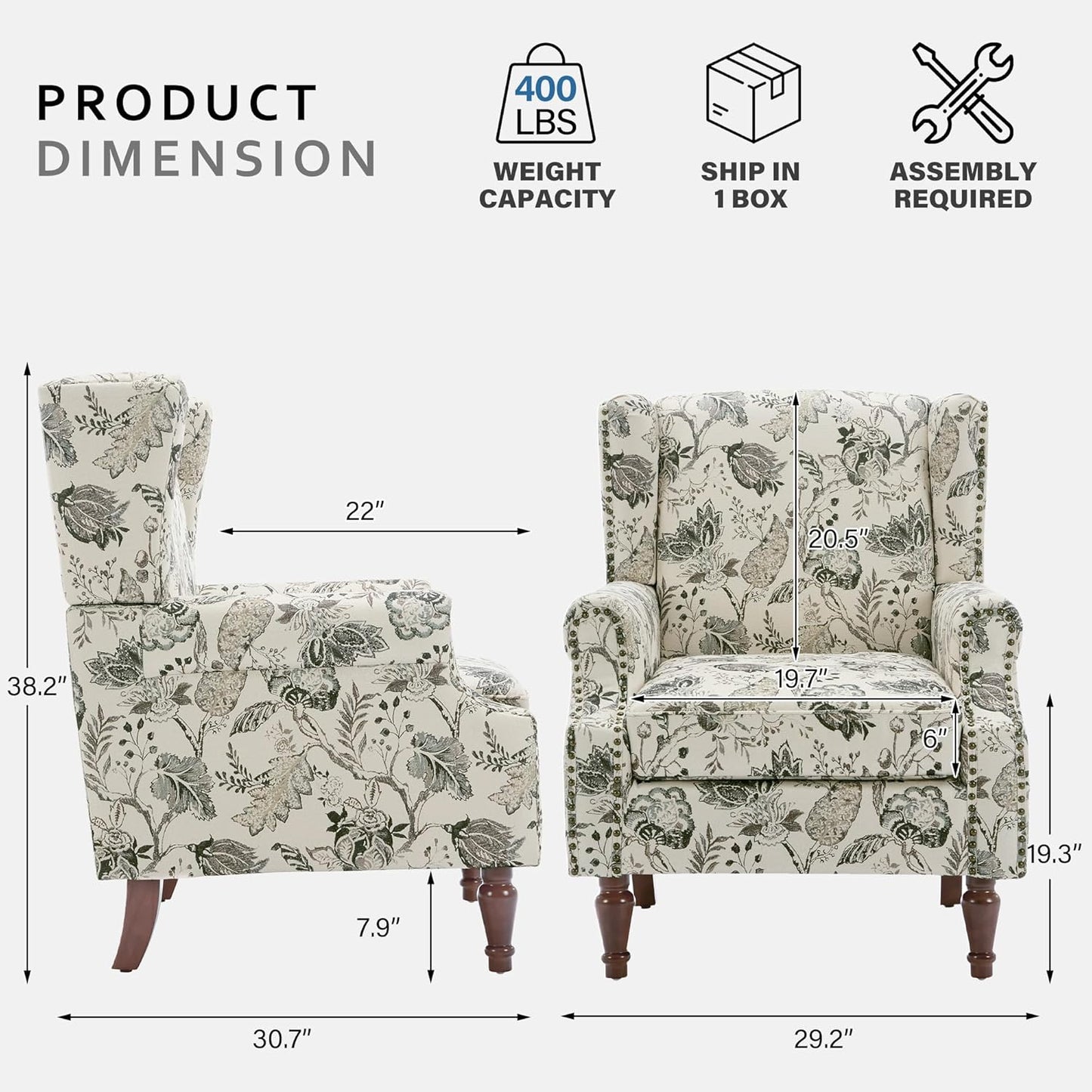 Lumibee Wingback Accent Chair, 2 Set High Back Floral Armchairs in Fabric,Comfy Upholstered Reading Single Sofa Chairs with Solid Wood Legs for Living Room,Bedroom,Office-Plants Beige