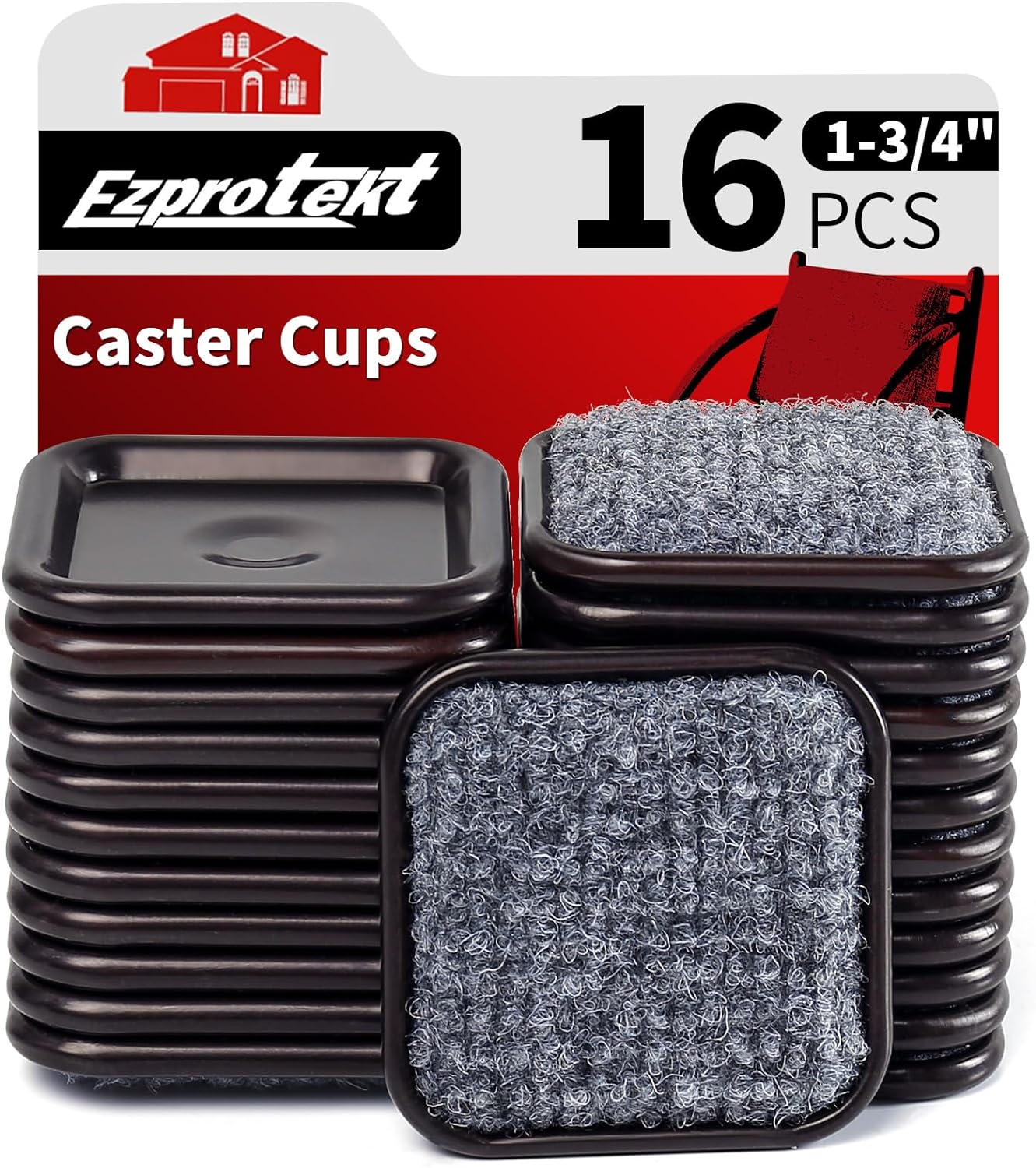 Ezprotekt 1 3/4" Square Reusable Felt Furniture Caster Cups with Carpet Bottom, 16 Pcs Felt Furniture Sliders Floor Protectors Pads to Protect Hardwood, Tile Floors Carpet from Scratches (Brown/Gray)