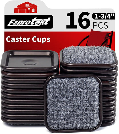 Ezprotekt 1 3/4" Square Reusable Felt Furniture Caster Cups with Carpet Bottom, 16 Pcs Felt Furniture Sliders Floor Protectors Pads to Protect Hardwood, Tile Floors Carpet from Scratches (Brown/Gray)