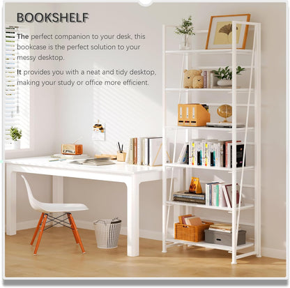 4NM No Assembly Foldable Bookshelf, 6-Shelf Collapsible Bookcase Storage for Small Spaces, 74" H, All White