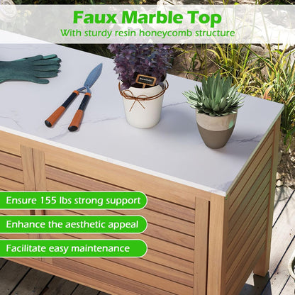 Goplus Patio Storage Cabinet, 2-Door Acacia Wood Storage Container with Faux Marble Top, Outdoor Wooden Sideboard for Deck, Garden, Lawn and Backyard