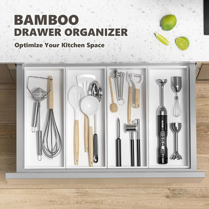 Kitchen Drawer Organizer Bins, Stackable Deep Bamboo Drawer Organizer for Silverware, Utensils, Cutlery, Flatware, Junk, Dresser, Bathroom, 15" x 6" x 2.5" (Set of 2)