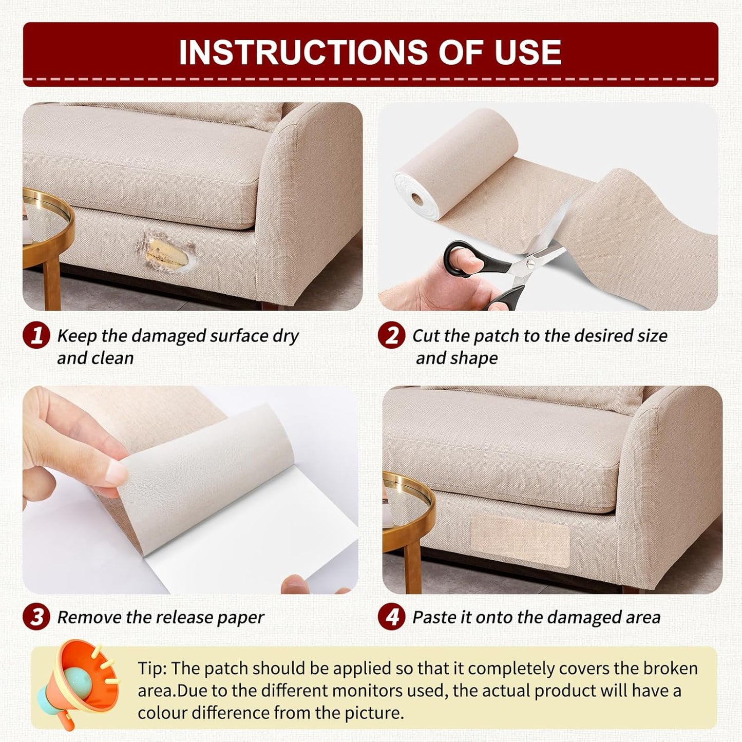 Linen Repair Tape 4x79 inch, Self Adhesive Fabric Patches, Linen Patch Tape Kit, Fabric Repair Tape for Couch Sofas, Headboards, Chairs, Pillows, Curtains, Couches - Dark Beige