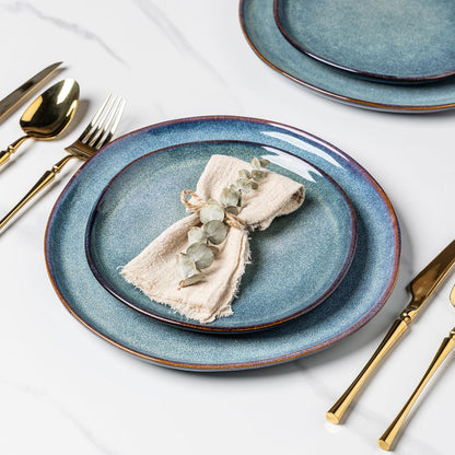 AmorArc Ceramic Dinnerware Sets,Handmade Reactive Glaze Stoneware Plates and Bowls Set,Highly Scratch Resistant | Dishwasher & Microwave Safe,Service for 4 Dishes Set - Reactive Blue(12pc)