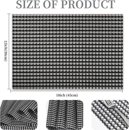 Vinyl Plastic Placemats Set of 6 Washable Heat Resistant Non-Slip Elegant Indoor Outdoor Kitchen Dining PVC Woven Table Place Mats (Black Silver Weaving)