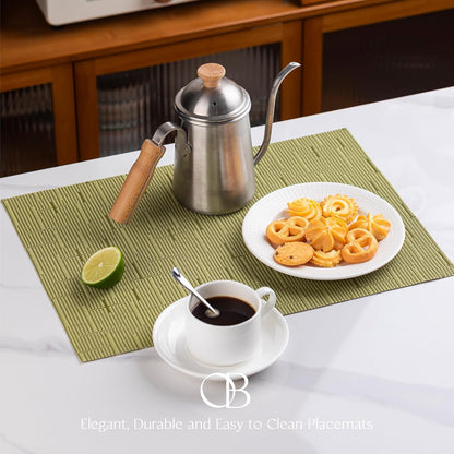 Placemats Set of 6 - Easy Clean Woven Vinyl Placemats for Dining Table, Indoor/Outdoor Place Mats, Washable PVC Table Mats （Pea Green）