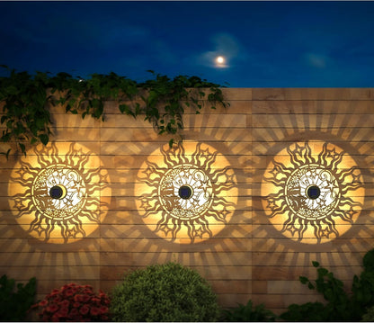 2 Pack Solar Fence Lights Metal Solar Powered Outdoor Wall Deck Lights Sun Moon Theme Waterproof Fence Light for Garden Post Patio Backyard Yard Decor (Face, 2 Pack)