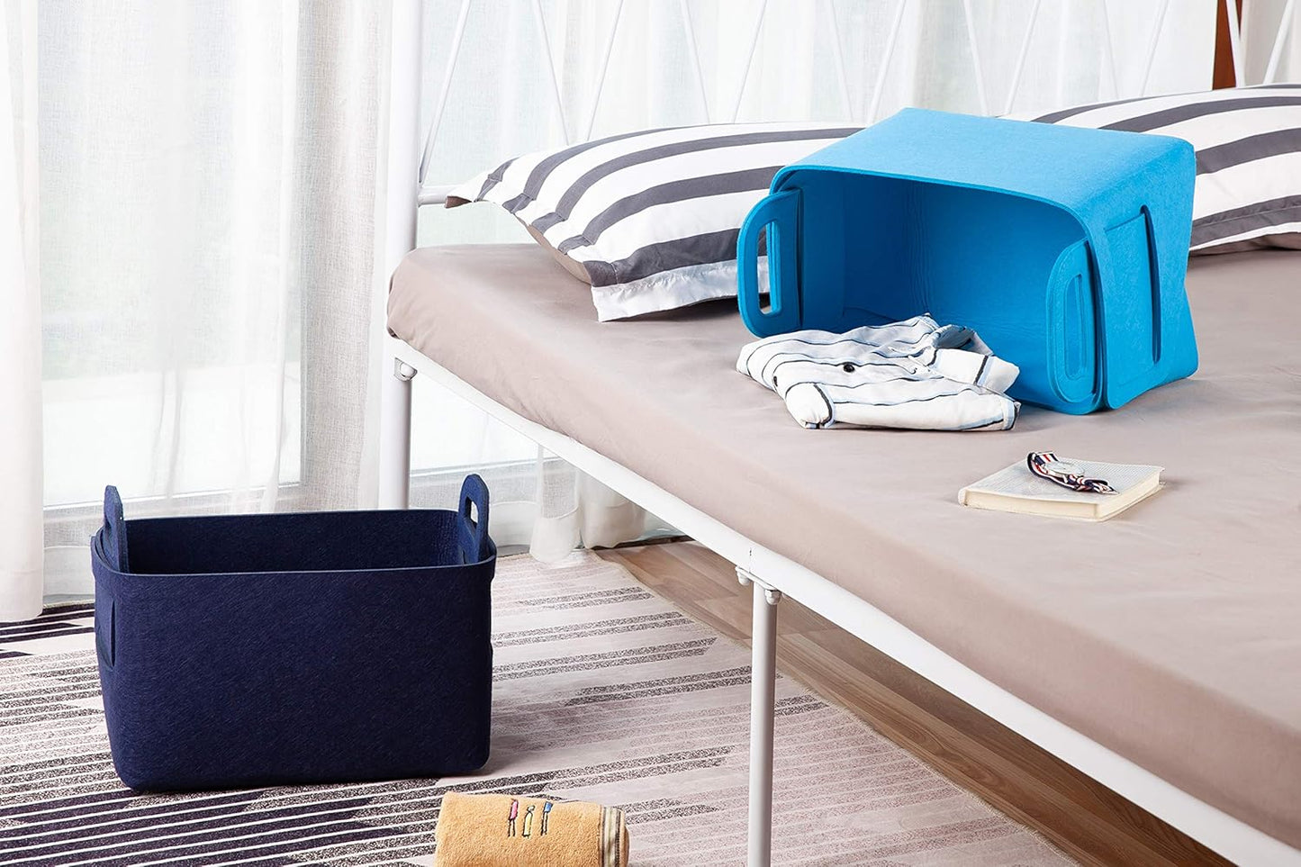 Minoisome Storage Basket Felt Storage Bin Collapsible& Convenient Box Organizer with Carry Handles for Office Bedroom Closet Babies Nursery Toys Laundry (Navy Blue, 13.8inch（L）×9.5inch（W）×8.3inch（H）)