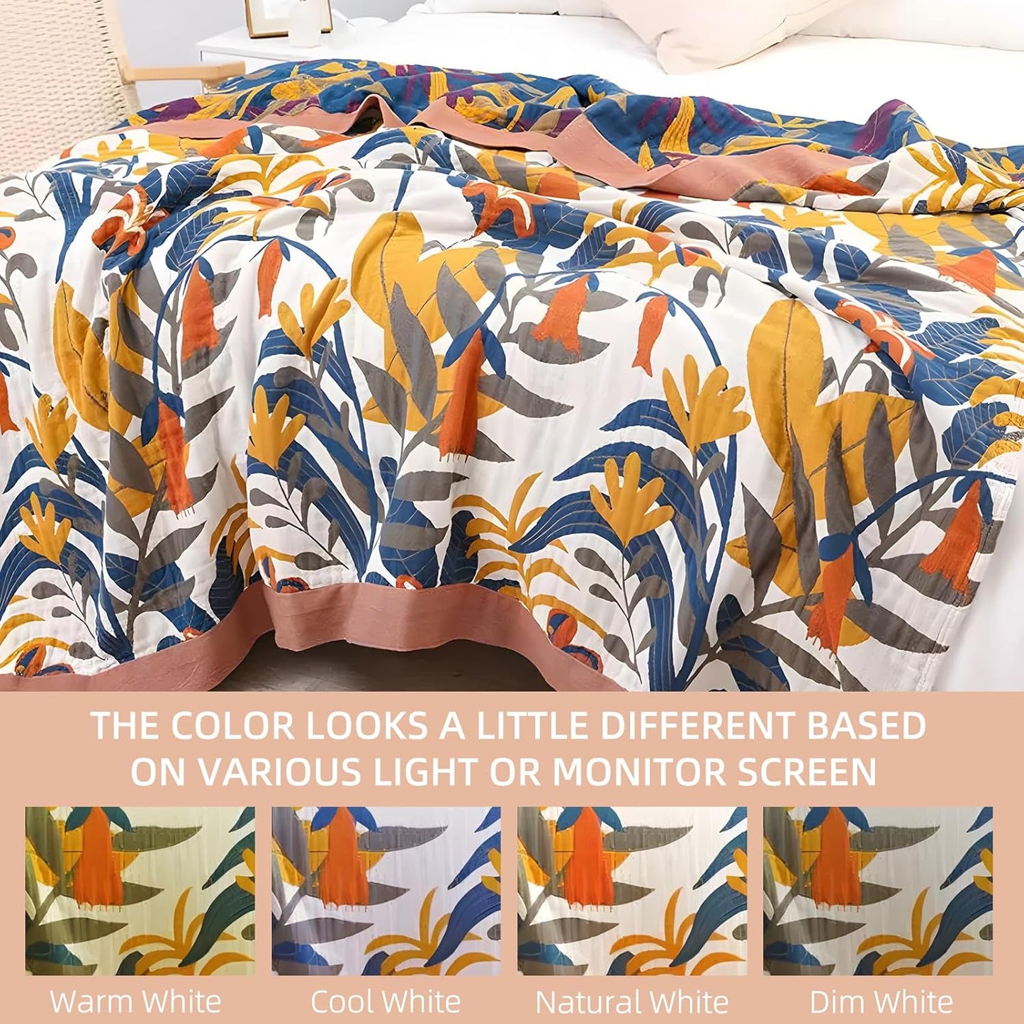 Boho Throw Blanket for Bed - 100% Pure Cotton Ultra Soft Rustic Quilt - Farmhouse Decor Bed Blankets, All Season Rustic Throw for Sofa Couch Chair(91''x 98'', Floral Sea)